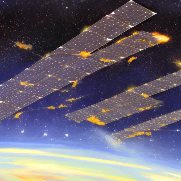 Fanciful depiction of degraded solar panels floating in space