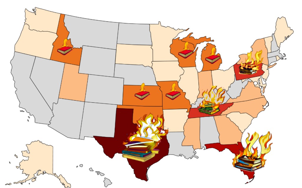 School book bannings in America; map source: Pen America; burning book overlay: the author