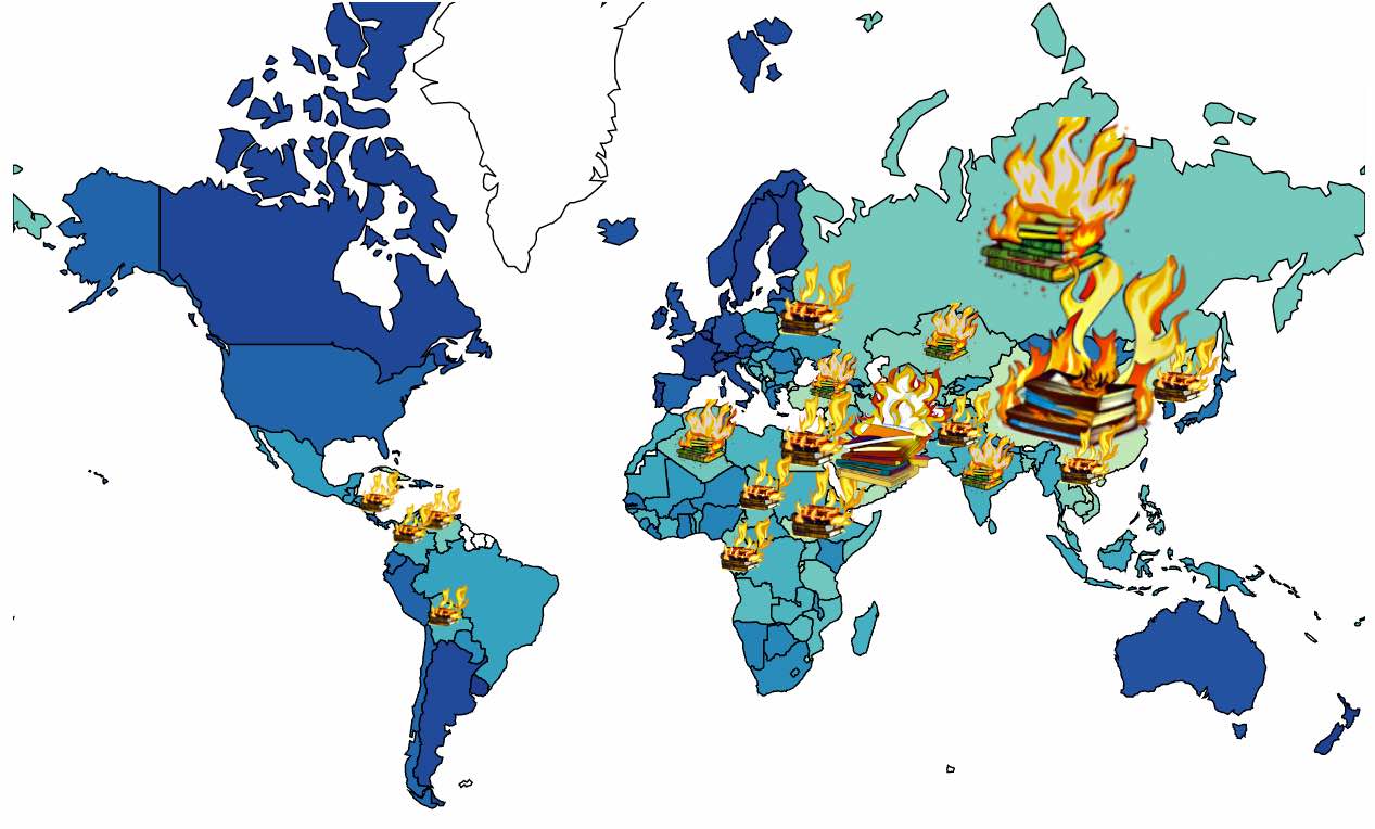 Map source: World Population Review – Countries with Freedom of Speech in 2020; burning book overlay: the author